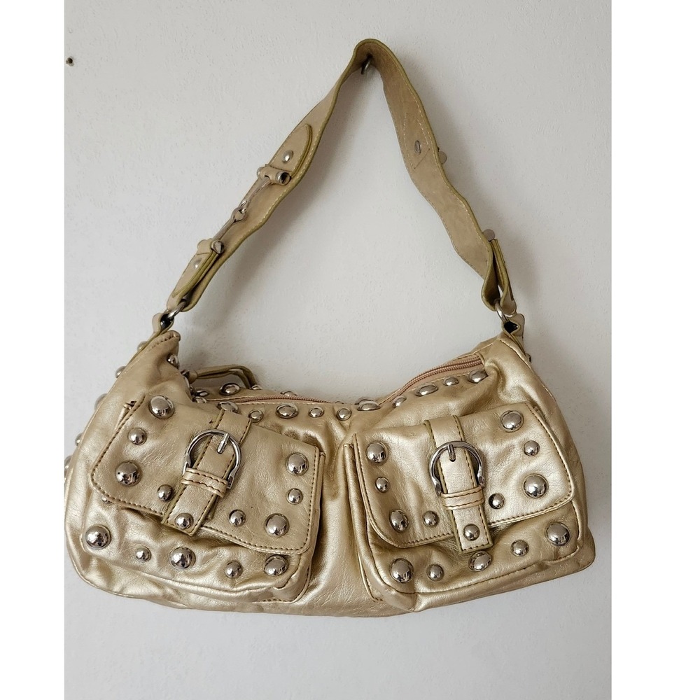 Gold Faux Leather Studded Hobo Utility Shoulder Bag Y2K Metallic Buckle Detail